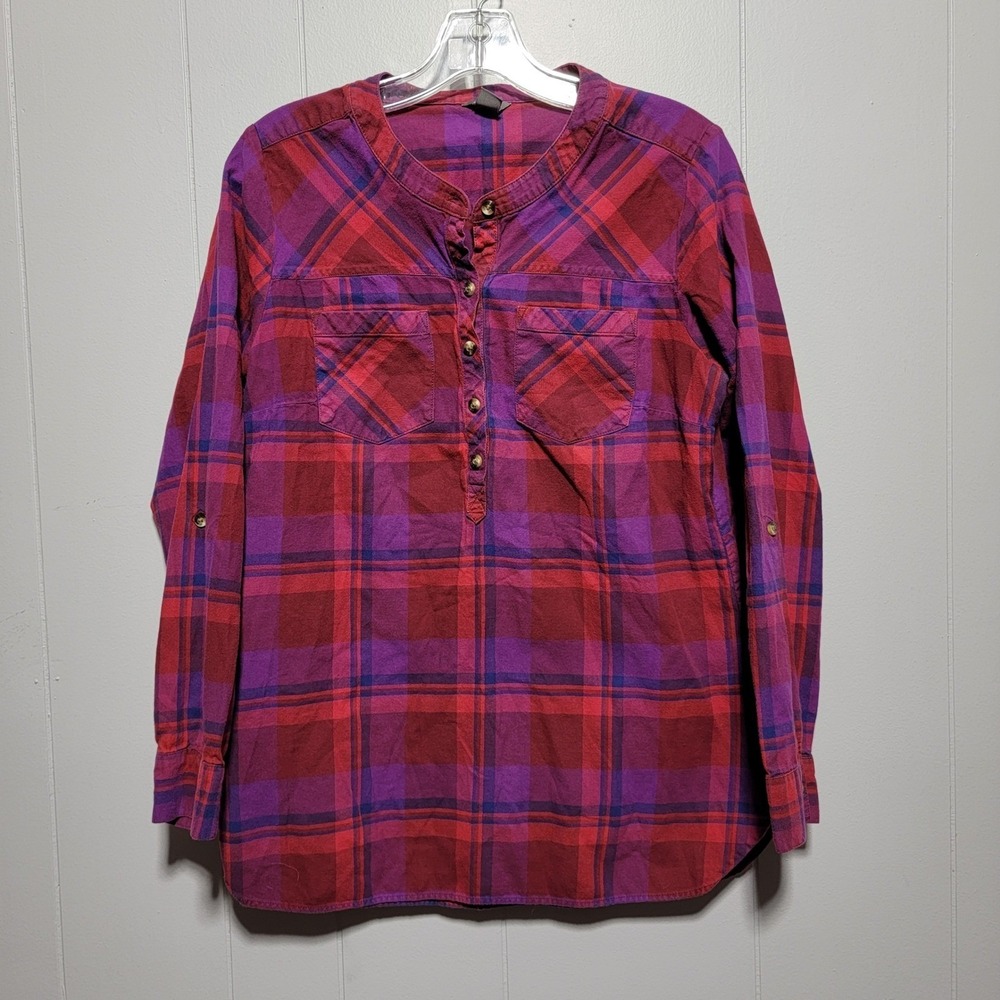 Eddie Bauer Women's Plaid Long Sleeve Tunic Shirt Size Medium Red Purple‎